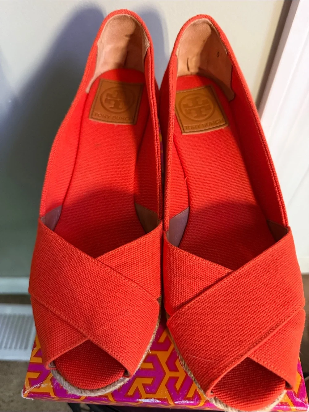 Tory Burch Flame Red Espadrille Wedge Peep-Toe